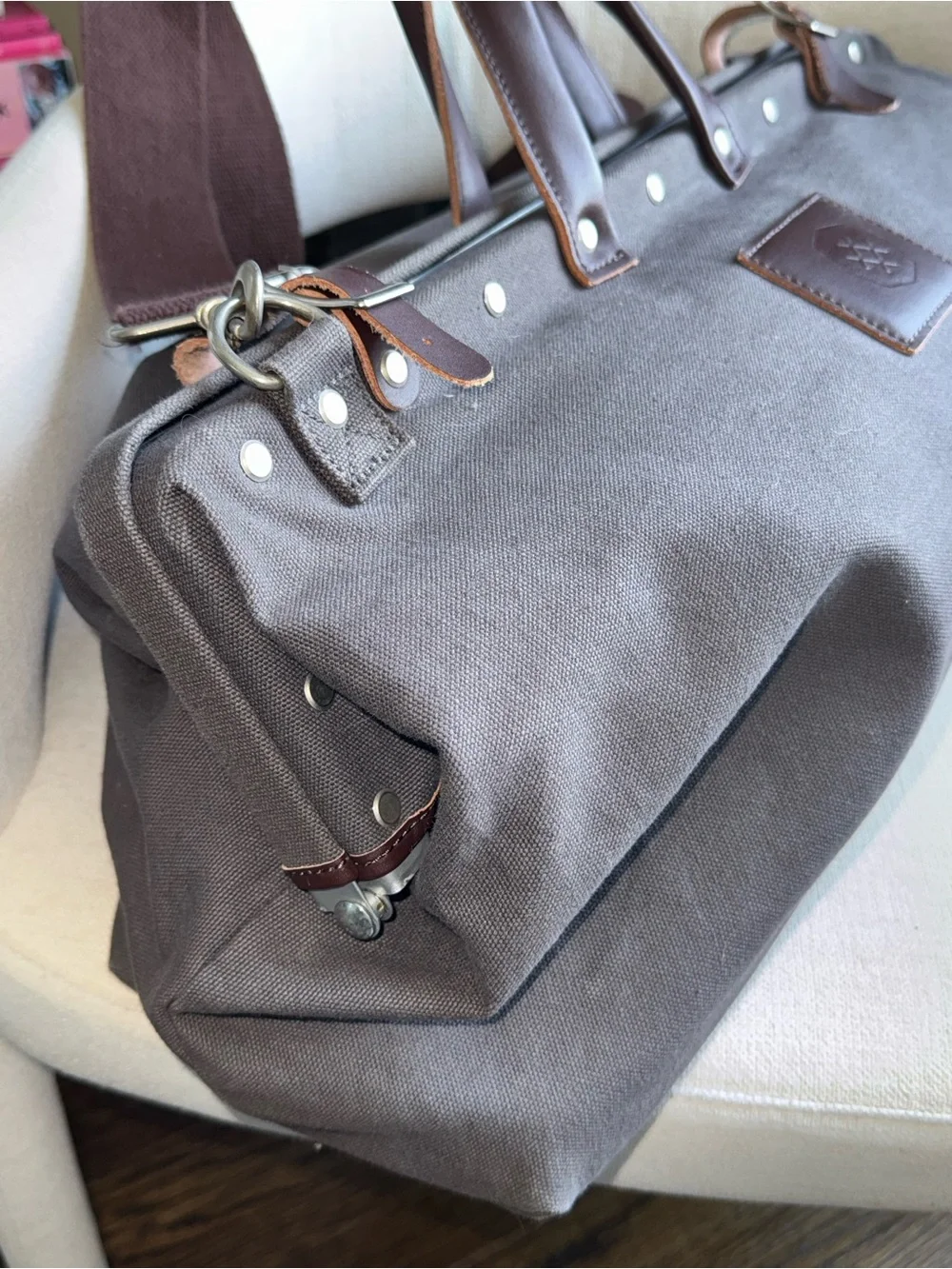 Gray Canvas Weekender Bag with Brown Leather Trim